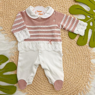 Macacão de Tricot Listrado - Rose e Off White